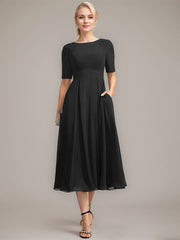 A-line Scoop Tea-Length Chiffon Mother of the Bride Dress With Appliques Lace Sequins
