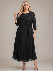 A-line Boat Neck Illusion Tea-Length Lace Chiffon Mother of the Bride Dress With Sequins