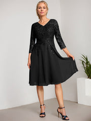 A-line V-Neck Knee-Length Lace Chiffon Mother of the Bride Dress With Sequins
