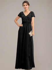 A-line V-Neck Floor-Length Chiffon Lace Mother of the Bride Dress With Beading Sequins Cascading Ruffles