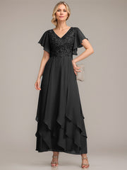 A-line V-Neck Ankle-Length Lace Chiffon Mother of the Bride Dress With Cascading Ruffles