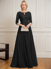 A-line Scoop Floor-Length Lace Chiffon Mother of the Bride Dress With Crystal Brooch Sequins