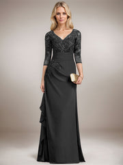 A-line V-Neck Floor-Length Lace Chiffon Mother of the Bride Dress With Cascading Ruffles