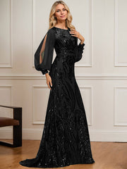 Trumpet/Mermaid Boat Neck Illusion Sweep Train Chiffon Sequin Evening Dress