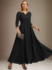 A-line V-Neck Ankle-Length Chiffon Lace Mother of the Bride Dress With Rhinestone