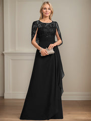 A-line Scoop Illusion Floor-Length Lace Chiffon Mother of the Bride Dress With Cascading Ruffles Sequins