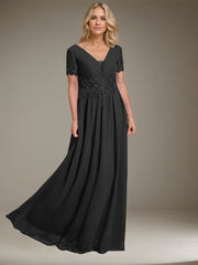 A-line V-Neck Floor-Length Chiffon Mother of the Bride Dress With Appliques Lace