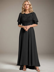 A-line Scoop Illusion Asymmetrical Chiffon Lace Mother of the Bride Dress With Beading