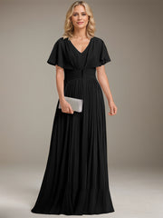 A-line V-Neck Floor-Length Chiffon Mother of the Bride Dress With Crystal Brooch Pleated