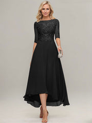 A-line Illusion Boat Neck Asymmetrical Chiffon Lace Mother of the Bride Dress With Sequins Beading