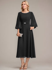 A-line Scoop Tea-Length Chiffon Mother of the Bride Dress With Crystal Brooch Pleated