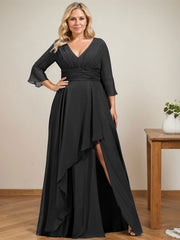 A-line V-Neck Floor-Length Chiffon Mother of the Bride Dress With Cascading Ruffles