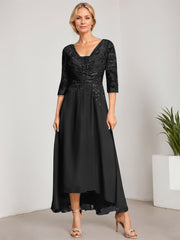 A-line V-Neck Asymmetrical Chiffon Lace Mother of the Bride Dress With Pleated Beading