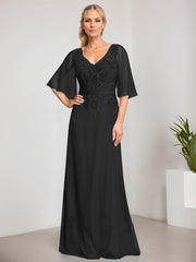 A-line V-Neck Floor-Length Lace Chiffon Mother of the Bride Dress With Sequins Beading