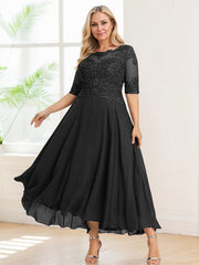 A-line Illusion Boat Neck Asymmetrical Chiffon Lace Mother of the Bride Dress With Sequins Beading