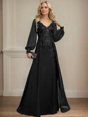 A-Line V-Neck Long Sleeves Floor-Length Chiffon Mother Of The Bride Dresses With Lace