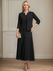 Separates A-line Scoop Tea-Length Chiffon Mother of the Bride Dress With Sequins Beading