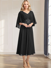 A-line V-Neck Tea-Length Chiffon Mother of the Bride Dress With Pleated Sequins Appliques Lace Beadind