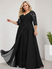 A-line V-Neck Floor-Length Lace Chiffon Mother of the Bride Dress With Sequins