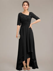 A-line Asymmetrical Asymmetrical Lace Chiffon Mother of the Bride Dress With Pleated Sequins
