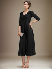 A-line V-Neck Tea-Length Chiffon Lace Mother of the Bride Dress With Beading