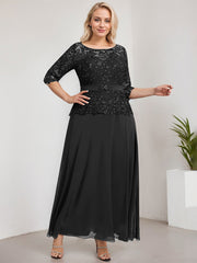 A-line Scoop Illusion Ankle-Length Chiffon Lace Mother of the Bride Dress With Rhinestone Beading
