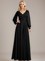 A-line V-Neck Floor-Length Chiffon Mother of the Bride Dress With Sequins Appliques Lace Pleated