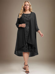 Sheath/Column Scoop Illusion Knee-Length Lace Chiffon Mother of the Bride Dress With Cascading Ruffles Sequins