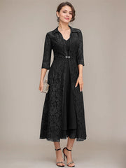 A-line V-Neck Tea-Length Chiffon Mother of the Bride Dress