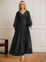 A-line V-Neck Ankle-Length Chiffon Mother of the Bride Dress With Cascading Ruffles Beading Sequins