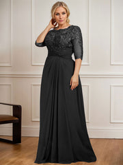 A-line Scoop Illusion Floor-Length Chiffon Lace Mother of the Bride Dress With Pleated Sequins Beading