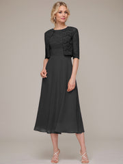 A-line/Princess Scoop Tea-Length Chiffon Mother of the Bride Dress With Lace Jacket