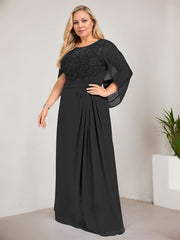 A-line Scoop Illusion Floor-Length Lace Chiffon Mother of the Bride Dress With Sequins Pleated