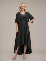 A-line V-Neck Asymmetrical Chiffon Mother of the Bride Dress With Beading Sequins