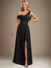 A-line Asymmetrical Floor-Length Chiffon Evening Dress With Cascading Ruffles Appliques Lace Sequins