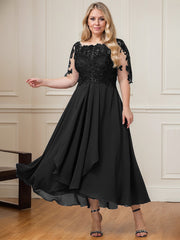 A-line Boat Neck Illusion Asymmetrical Lace Chiffon Mother of the Bride Dress With Cascading Ruffles Sequins
