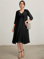 A-line V-Neck Knee-Length Chiffon Lace Mother of the Bride Dress With Pleated Beading Sequins