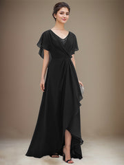 A-line V-Neck Asymmetrical Chiffon Mother of the Bride Dress With Sequins Beading Cascading Ruffles