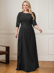 A-line Scoop Floor-Length Lace Chiffon Mother of the Bride Dress With Cascading Ruffles Sequins
