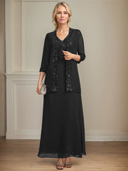 A-line V-Neck Ankle-Length Lace Sequin Chiffon Mother of the Bride Dress