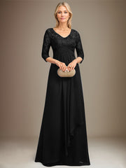 Empire V-Neck Floor-Length Lace Chiffon Mother of the Bride Dress With Cascading Ruffles Sequins
