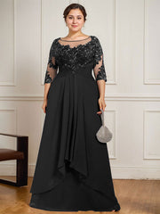 A-line Scoop Illusion Floor-Length Lace Chiffon Mother of the Bride Dress With Cascading Ruffles