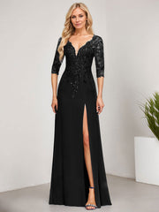 Sheath/Column V-Neck Floor-Length Lace Chiffon Mother of the Bride Dress With Sequins