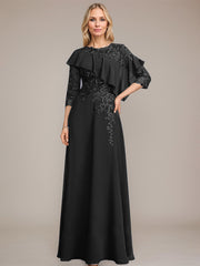 A-line Scoop Illusion Floor-Length Chiffon Lace Mother of the Bride Dress With Ruffle Sequins Beading