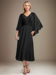 A-line V-Neck Tea-Length Chiffon Lace Mother of the Bride Dress With Sequins Beading