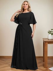 A-line Scoop Floor-Length Chiffon Mother of the Bride Dress With Cascading Ruffles Beading Sequins