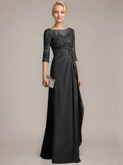 A-line Scoop Illusion Floor-Length Chiffon Lace Mother of the Bride Dress With Beading Sequins Cascading Ruffles