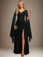 A-line V-Neck Floor-Length Lace Chiffon Evening Dress