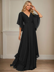 A-line V-Neck Floor-Length Chiffon Mother of the Bride Dress With Sequins Appliques Lace Beading