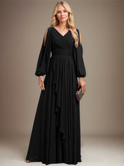 A-line Cold Shoulder V-Neck Floor-Length Chiffon Mother of the Bride Dress With Cascading Ruffles Beading